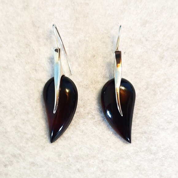 2’’ Elegant Vintage 1980s Cherry Baltic Amber & Sterling Silver Leaf Earrings - Picture 4 of 12